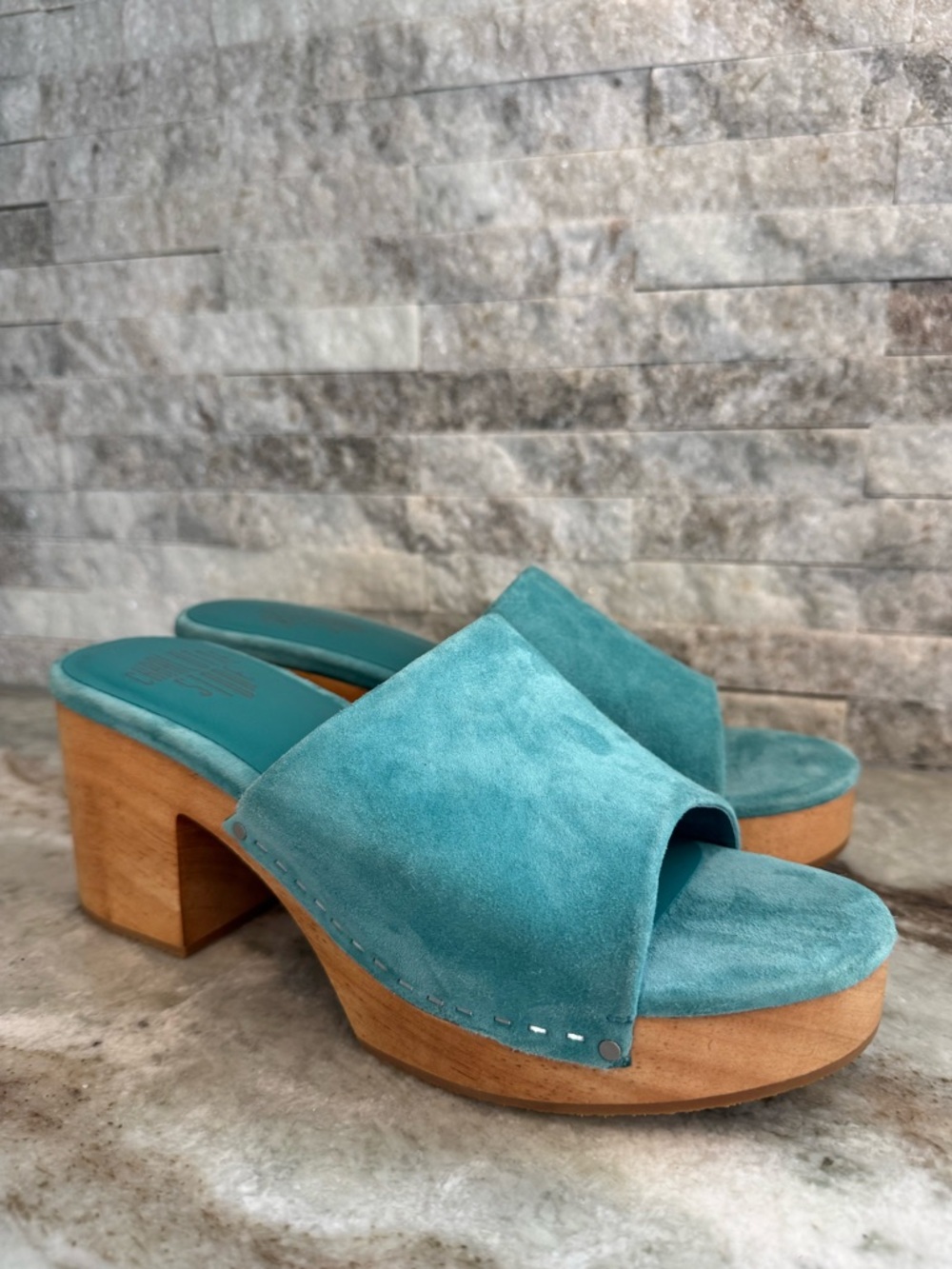 Women’s Aqua Blue Suede Slide Sandal with Wood Block Heel